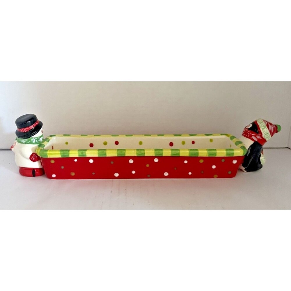 Temp-tations Winter Whimsy Holiday Ceramic Cracker Tray Snowman Penguin 12"